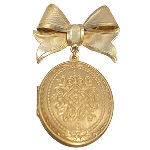 Miriam Haskell Gold-Tone Ribbon Bow Tie Oval Locket Pin Brooch